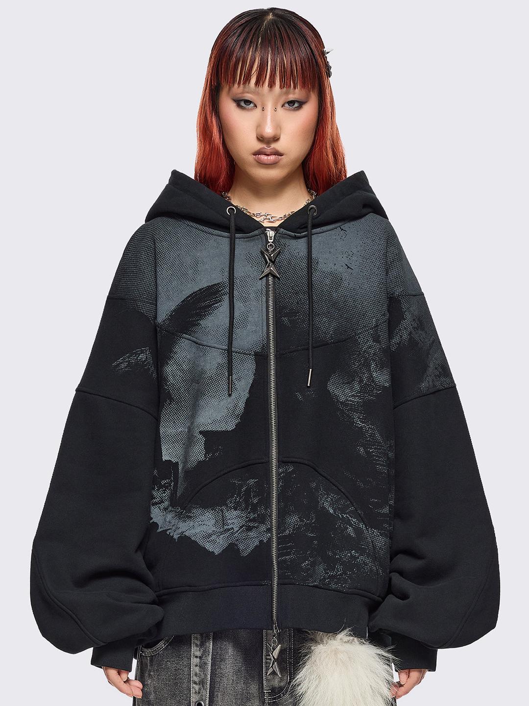 Black Angel Zip Up Hoodie - S / Black