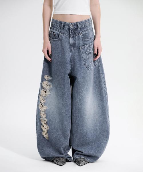 Balloon Fit Damage Denim Pants [ Blue ]