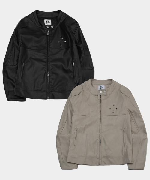 빈티지 워싱 트랙 아일렛 장식 포인트 절개 트랙 바이커 레더 자켓_2COLOR