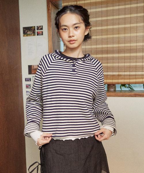 꼬모니노즈(COMONINOZ)  W LAYERED HOOD T-SHIRT [STRIPE] - 사이즈 & 후기 | 무신사