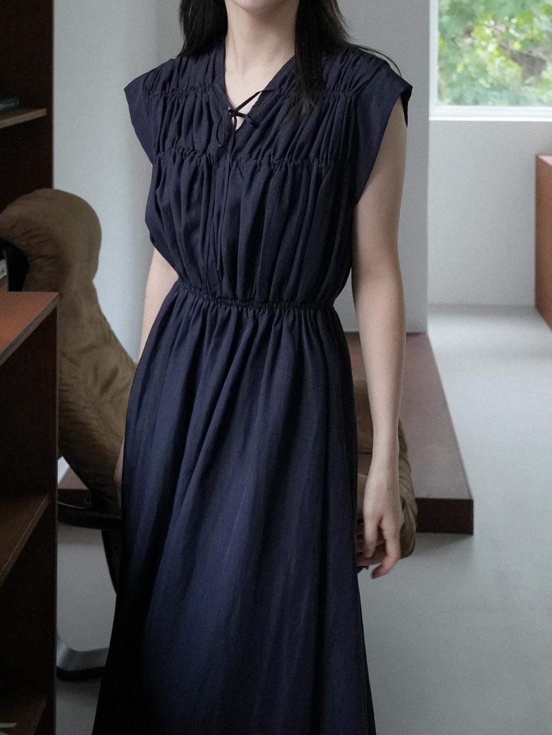 [NouArté] 로네 셔링 롱 원피스 (딥 네이비)