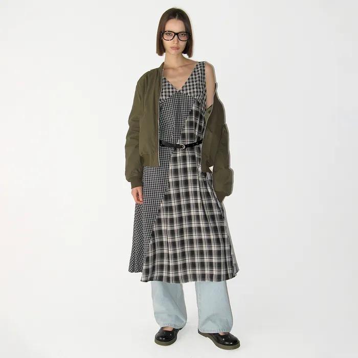MIXED CHECK DRESS, BLACK