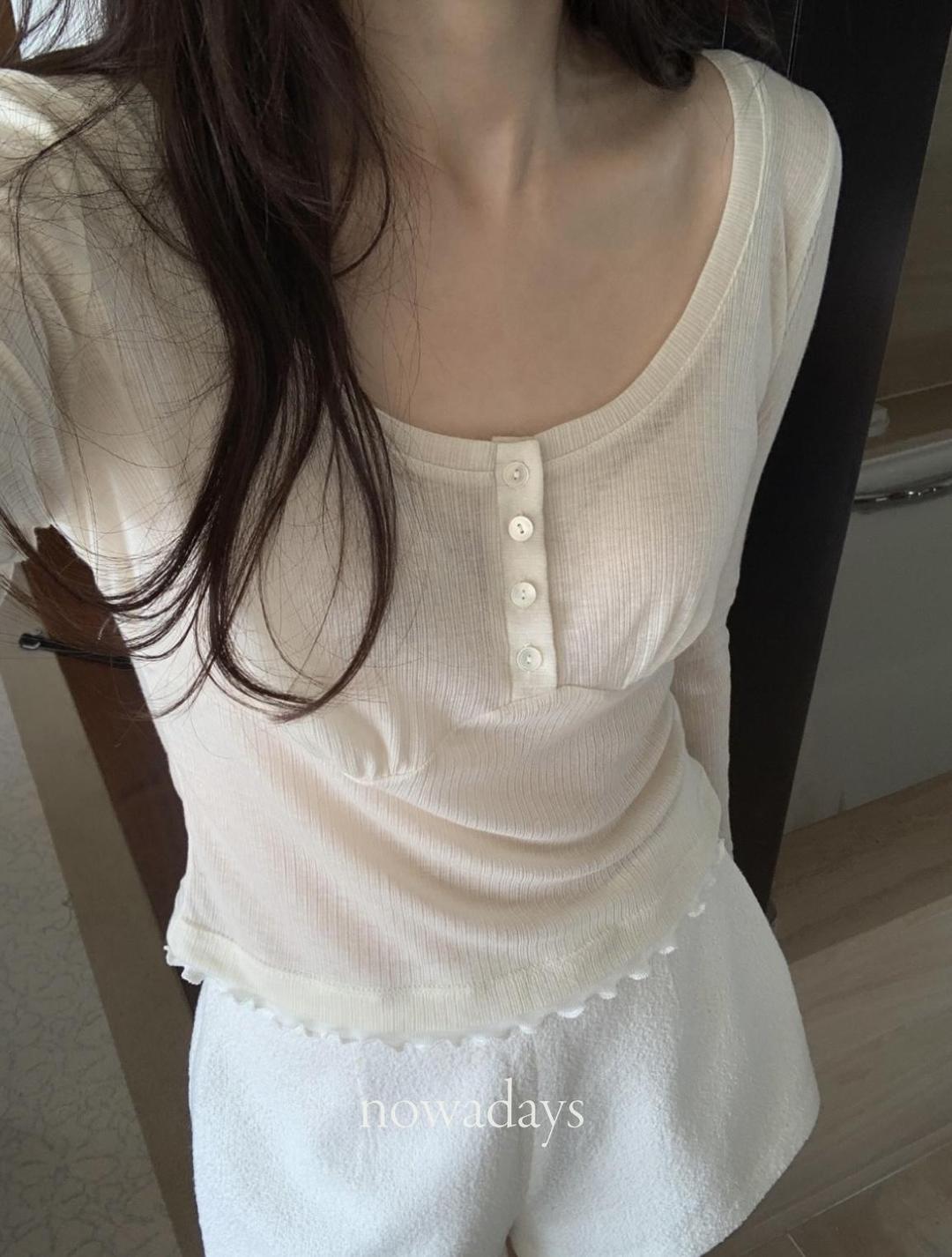 나우어데이즈 founders 파운더스 헬렌 티셔츠 썸머 울 텐셀 긴팔 유넥 배색 프릴 t (3col)