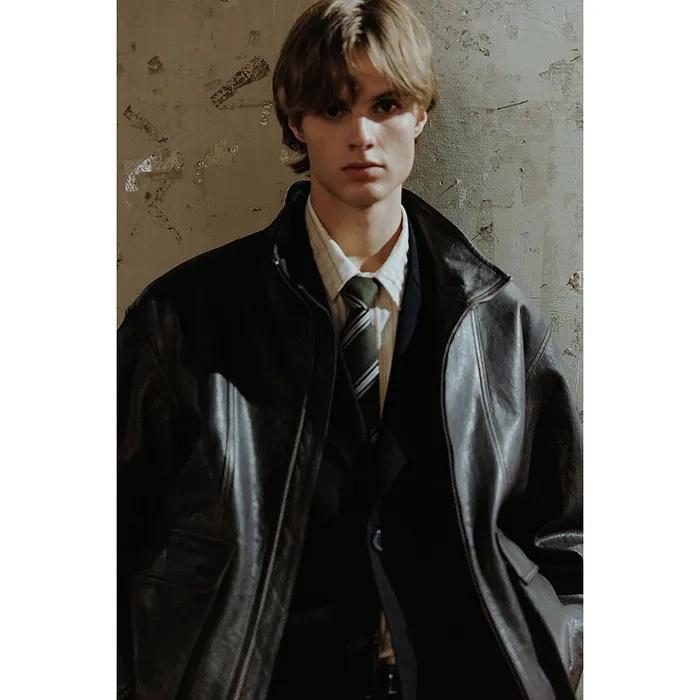 UNISEX STAND COLLARED LEATHER BLOUSON DARK BROWN_M_UDJU5C103W3