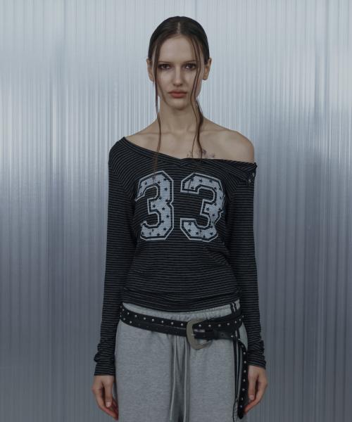 33 STRIPE V-NECK TOP / BLACK