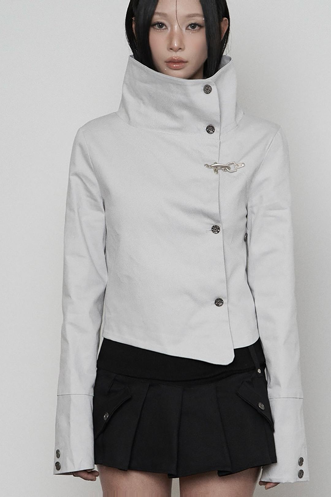 Wide High-neck Side Button Jacket ( LIGHT GRAY )
