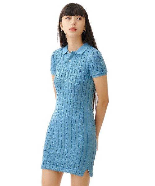 W 케이블 니트 드레스 - 블루