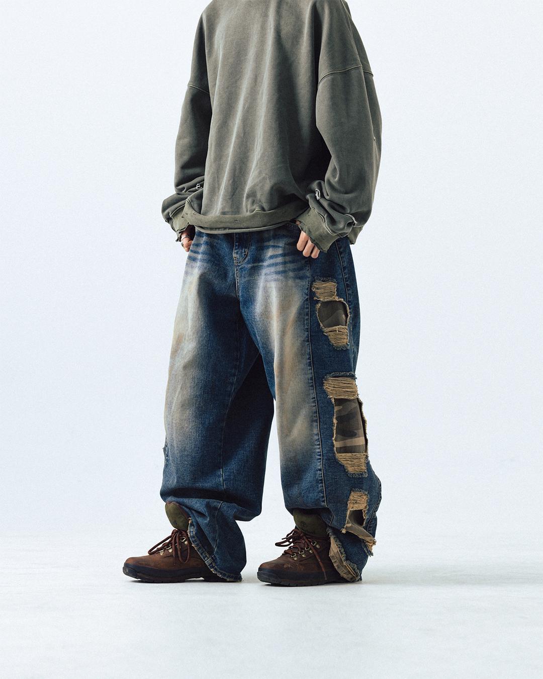 Camo Mix Damage Denim Pants - Blue Denim