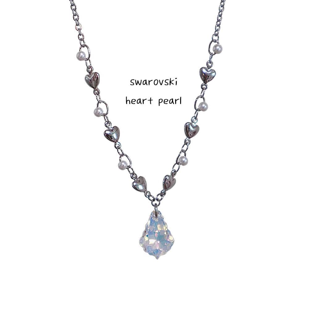 크리스탈 하트 진주 체인 목걸이