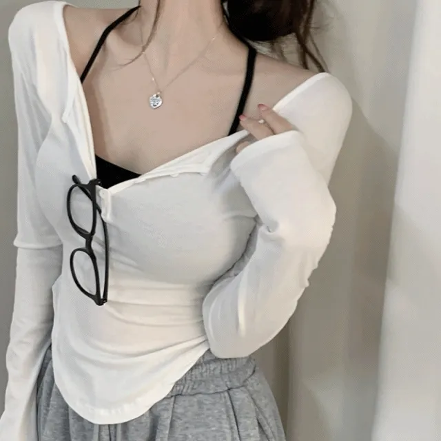 [set가격🖤] 뮤다 슬림실켓 단추긴팔티셔츠 + 홀터브라탑나시 세트 set - 3color