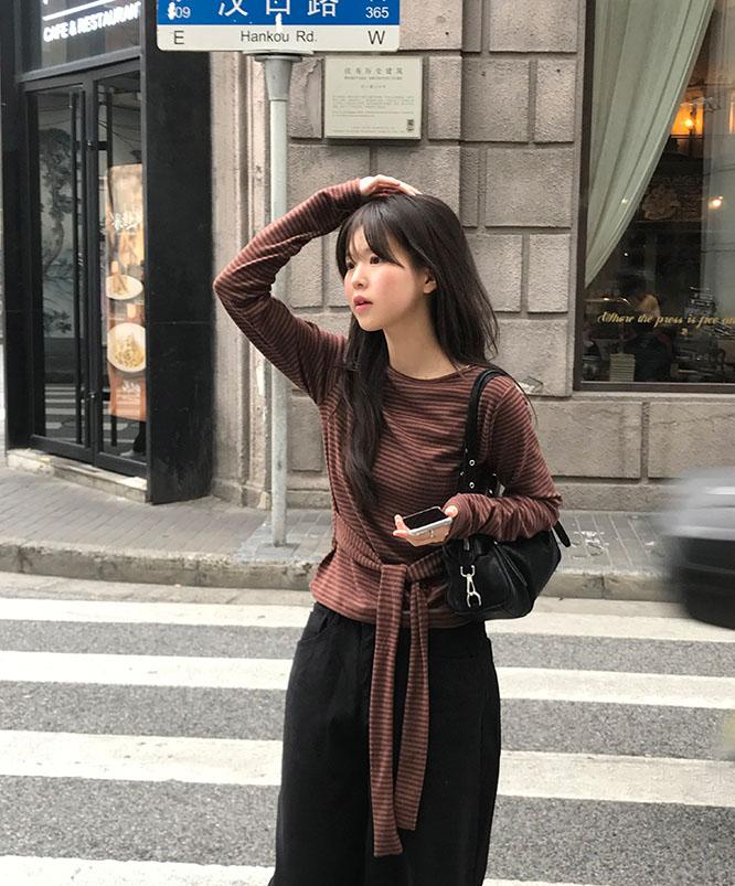 니어웨어 [⛄겨울신상] 비릿 랩끈 스트라이프 긴팔 (3color)/벨트단가라티/레이어드티/줄무늬티/기모단가라티/레이어드/여리핏/배색티