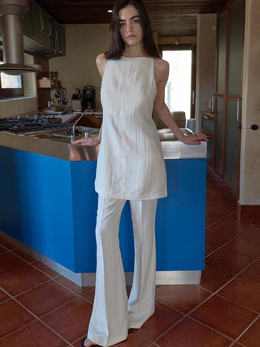 [단독][SET]NARROW STRING MINI OPS + RAYON SLEEK BOOTS CUT PANTS, IVORY