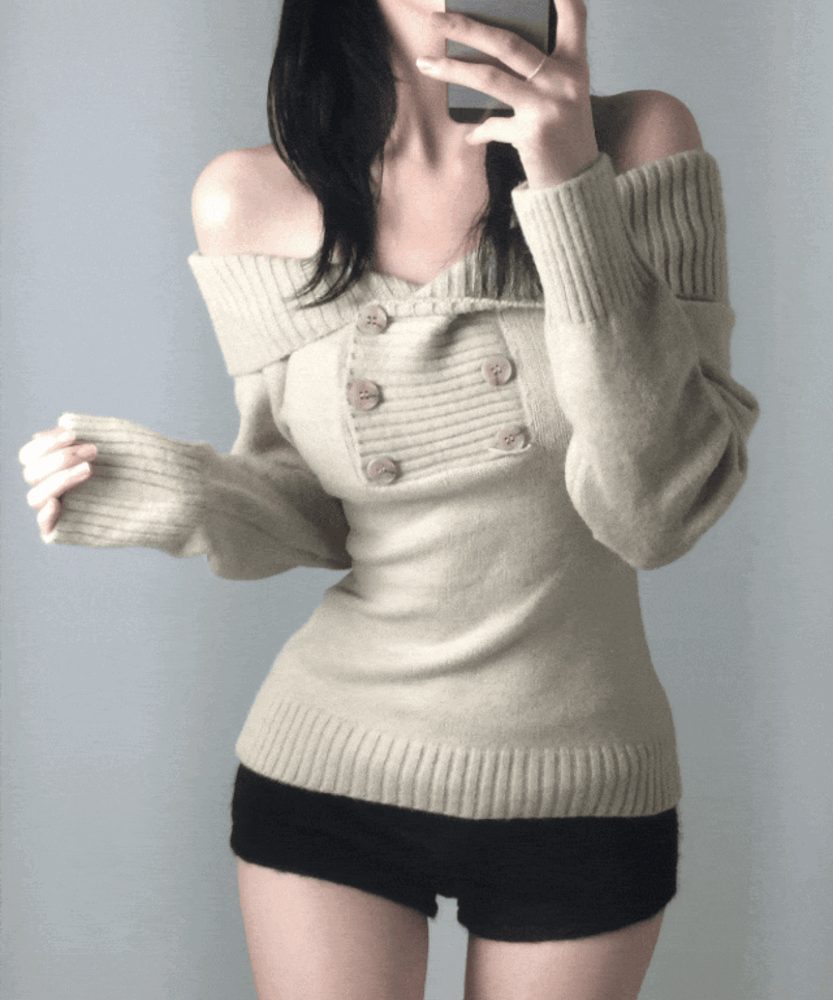 [개미허리핏/-3kg] 하루 잘록 오프숄더 버튼 니트 3color