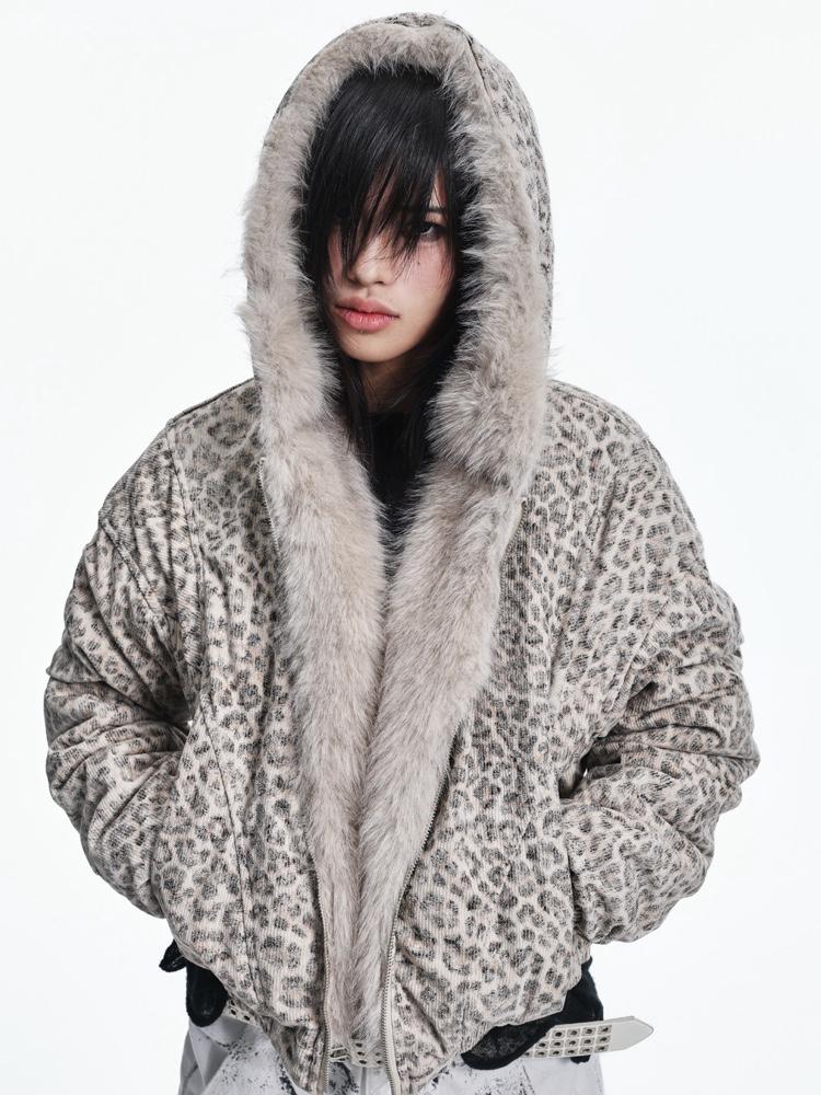 Lightinus Leopard fur collar hooded cotton jacket