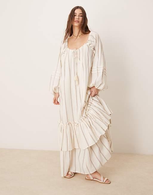 ASOS DESIGN maxi dress with ruched channel neckline and tiered hem in stripe