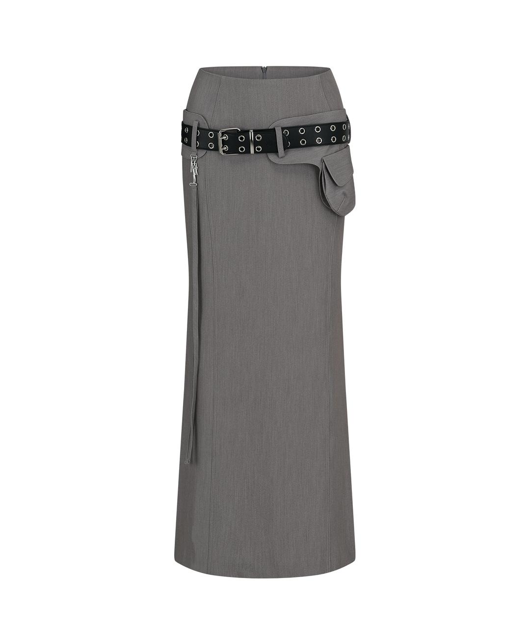 Pocket Belt Long Skirt Gray