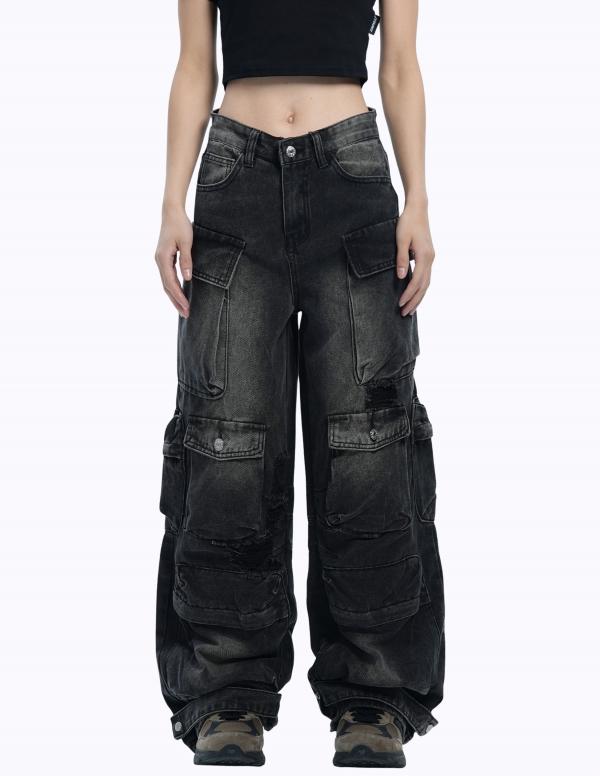 다크 블랙 워싱 멀티포켓 데님 팬츠