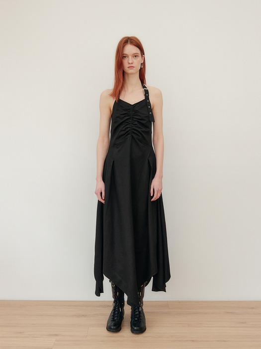 HALTER BELTED SLEEVELESS LONG DRESS - BLACK