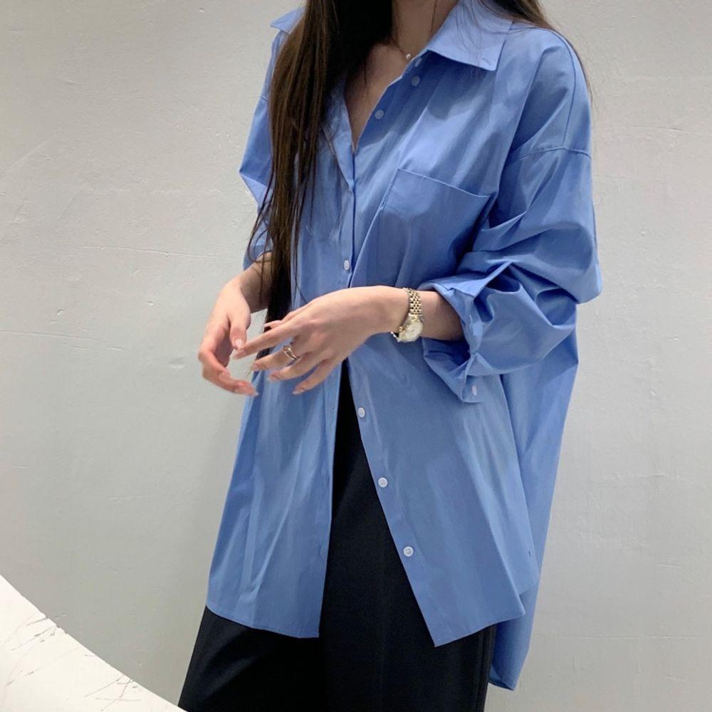 끌로에드 무지 베이직 코튼 루즈핏 포켓 롱 원피스 루즈핏 보이핏 남방 박스 셔츠 2color