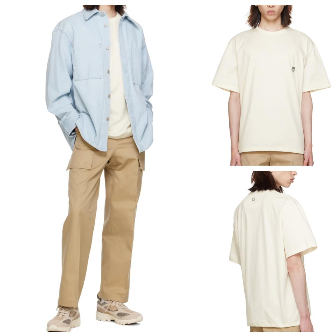 우영미 드로스트링 코튼 저지 골지 니트 크루넥 반팔 티셔츠 아이보리