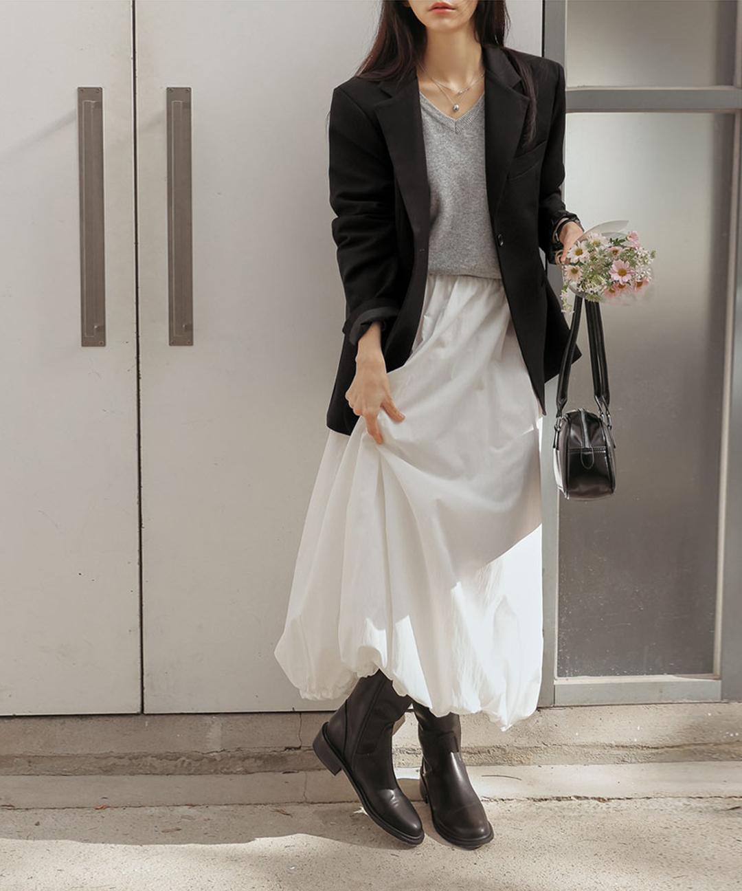 커먼유니크 리펜드 벌룬 밴딩 롱 스커트 (당일배송/봄/간절기/펌킨/볼륨/A라인/바스락/데이트룩/하객룩/화이트/베이지/블랙)