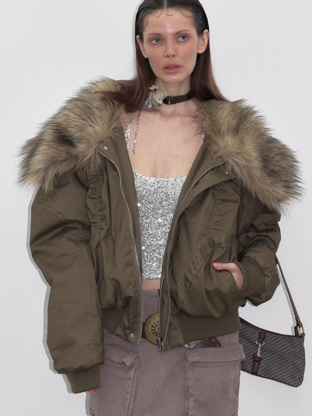 Olive Green Faux Fur Down Jacket