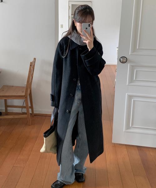 [Drape Wool] (우먼) 캐시미어블렌드 세미오버핏 발마칸 로브코트_블랙