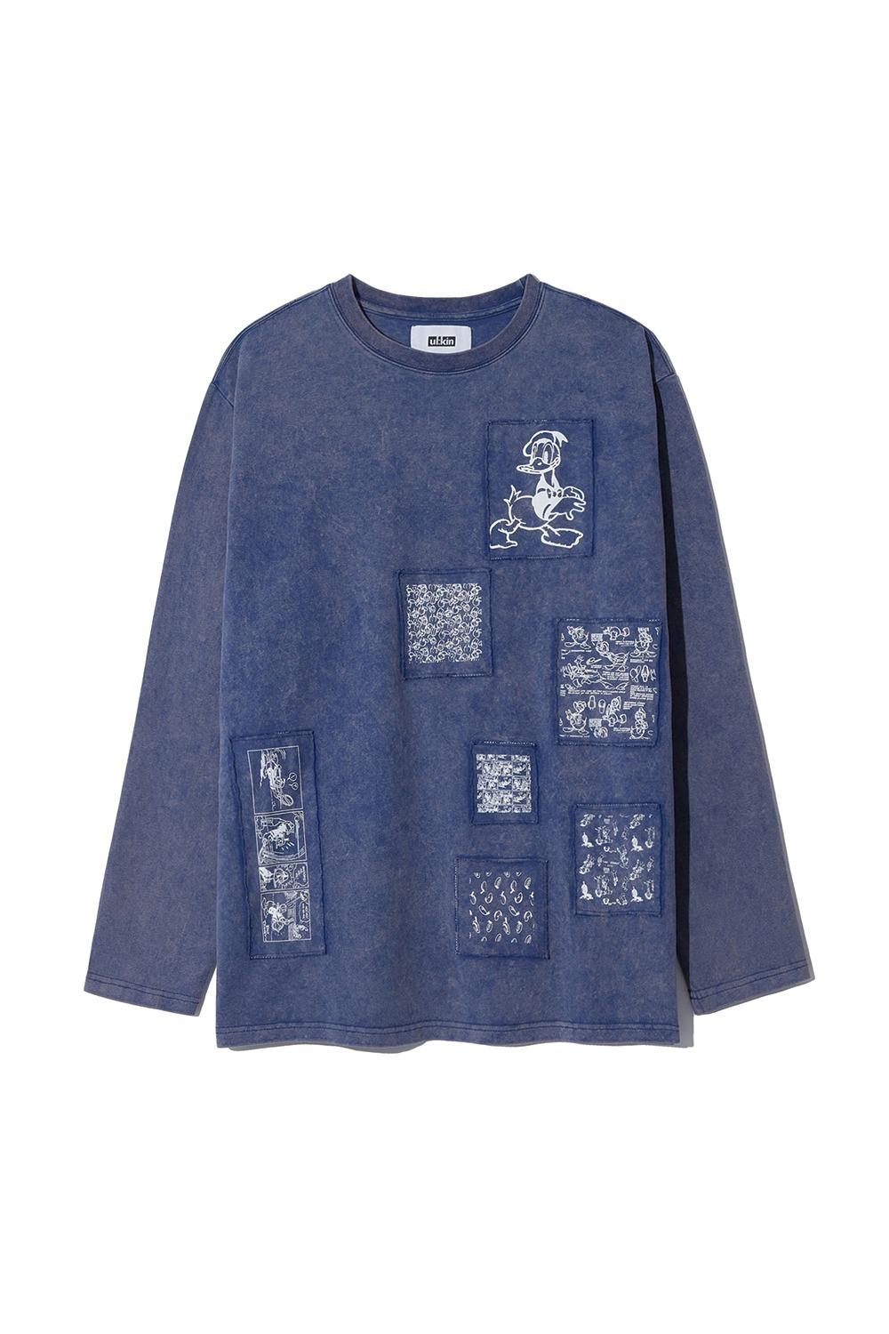 [DISNEY] Bleach Washed Patchwork Long Sleeve T-shirt_Blue