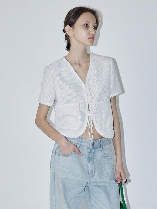 V-NECK SUMMER TWEED JACKET - WHITE