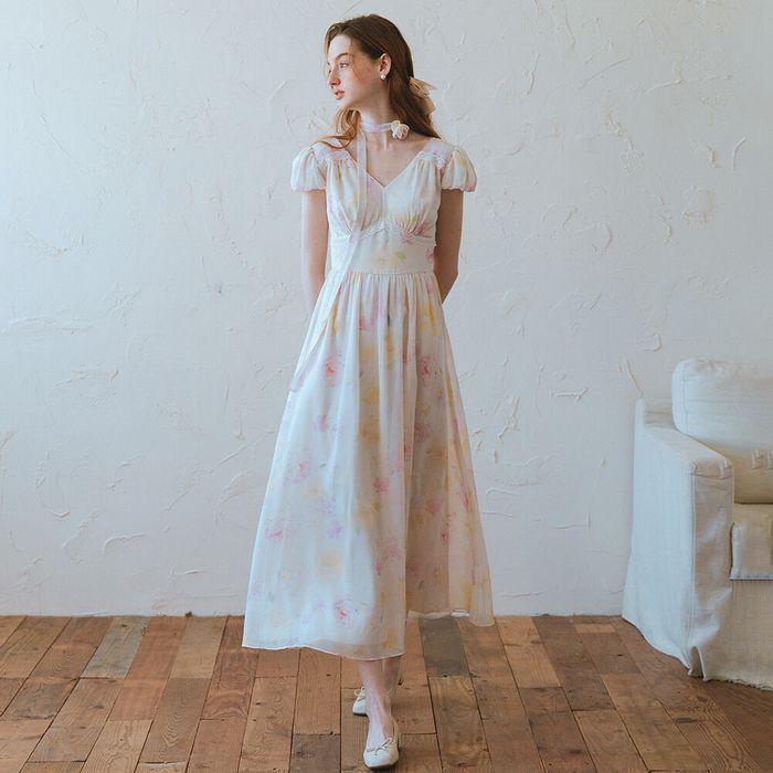 Cest_Chiffon floral v-neck scarf dress