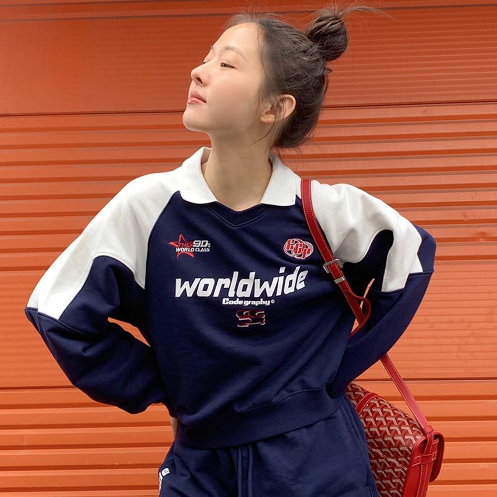 (우먼) WAVE 로고 스포티 카라 맨투맨_2COLOR