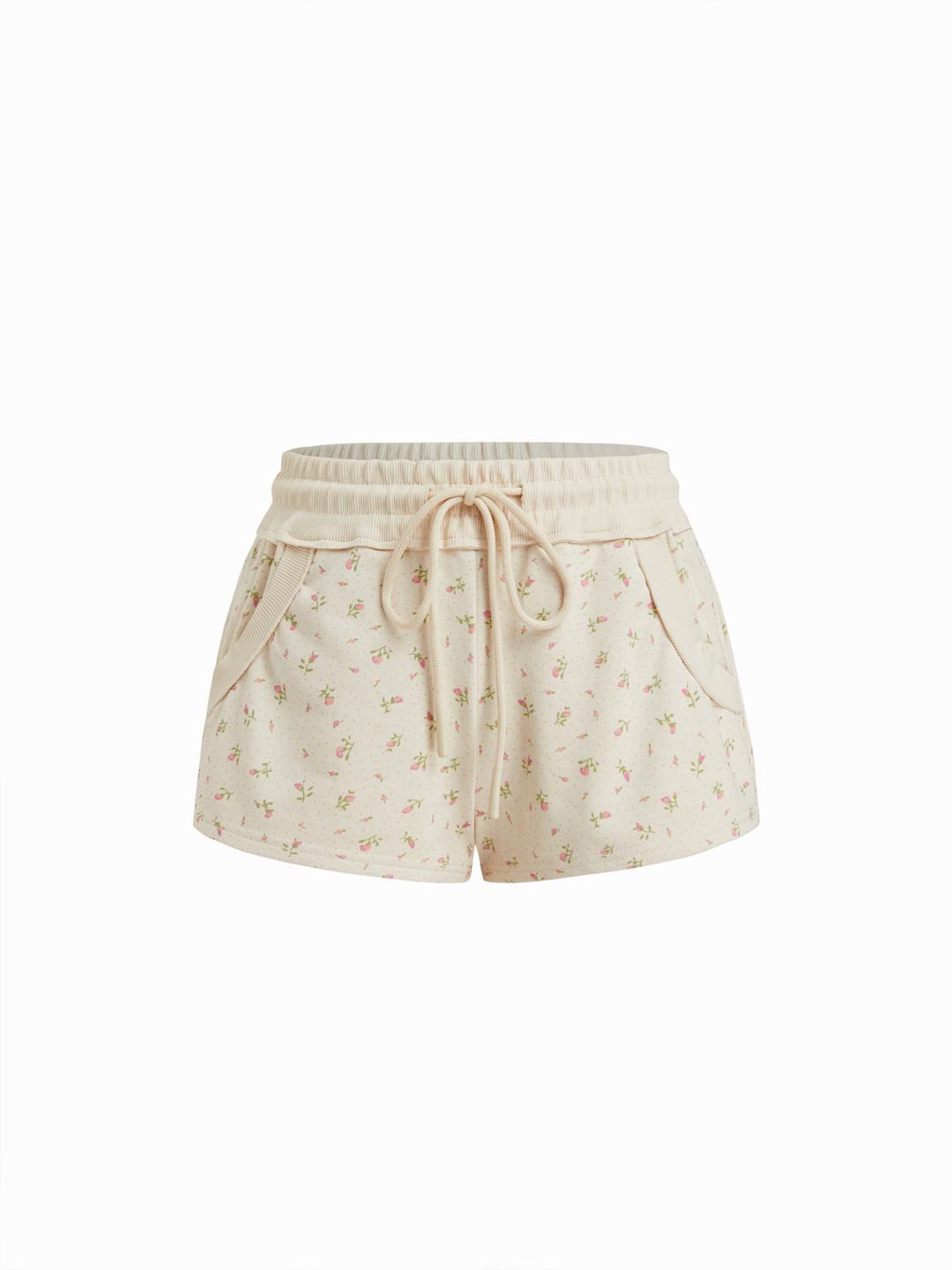 Cotton-blend Low Rise Floral Drawstring Loungewear Shorts
