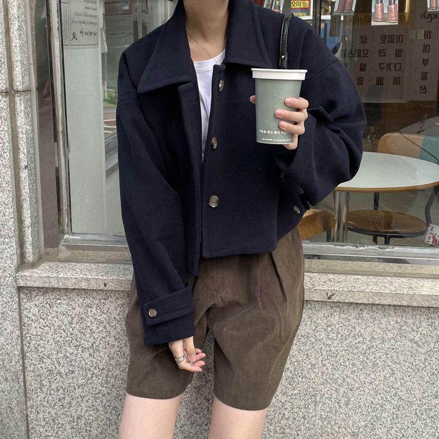 울 카라 퀄팅 루즈핏 크롭 숏 싱글 자켓 2온스 누빔 겨울 코트 오트핑크 네이비 (3color)_무드먼트