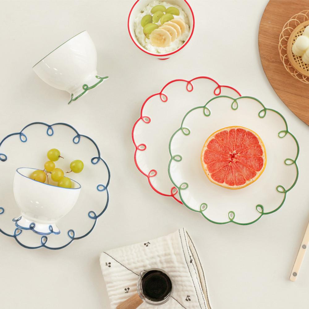 레트로 빈티지 라인 플라워 플레이트 & 요거트볼 디저트 접시 세트