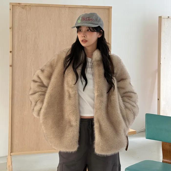 HIGH-NECK FAUX HALF FUR COAT, IVORY