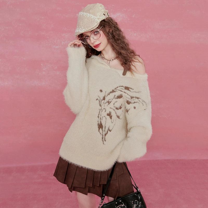 Embroidery Off-Shoulder Fringe Hem Oversize Knit Sweater NA6803