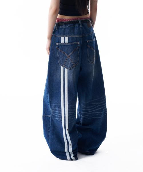 2-Lined Eyelet Washed Denim Pants (Blue)