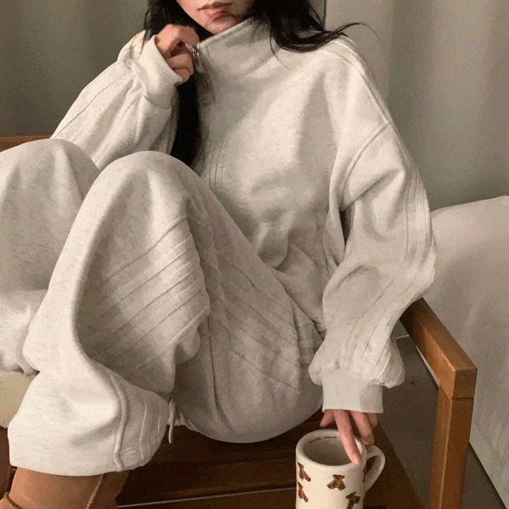 [기모안감/겨울셋업!🤍] 코지핏 윈터 트레이닝 배색 톤온톤 라인 집업 세트 - 4color