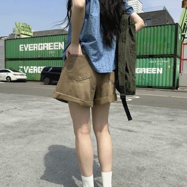 Roll-up short denim pants / 롤업 숏 데님 반바지 3부 하프팬츠