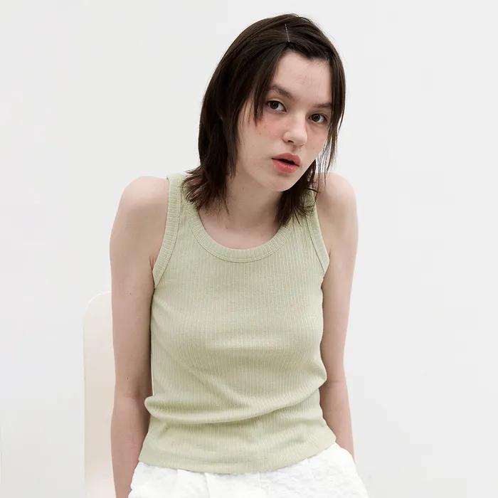 Eyelet Ribbed U-Neck Sleeveless Olive Green