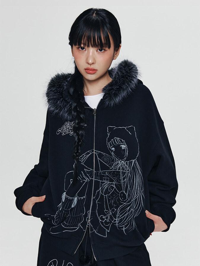 키르시 X 피투 퍼트리밍 그래픽 후드 집업 [블랙]