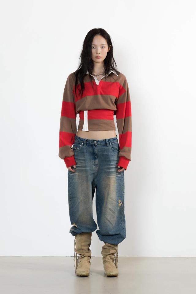 2WAY STRIPE RUGBY T-SHIRT RED/BROWN