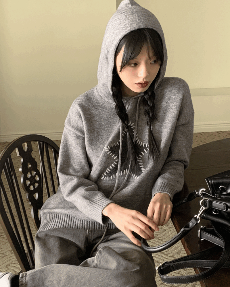 파린 레트로 스타 별 자수 니트 후드 티셔츠