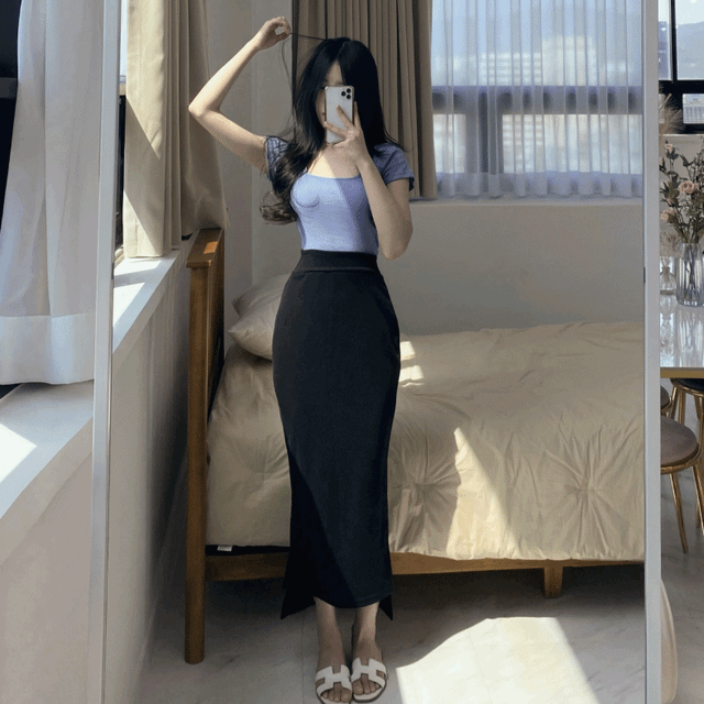 왕골반 하이웨스트 H라인 슬림 밴딩 옆트임 롱스커트