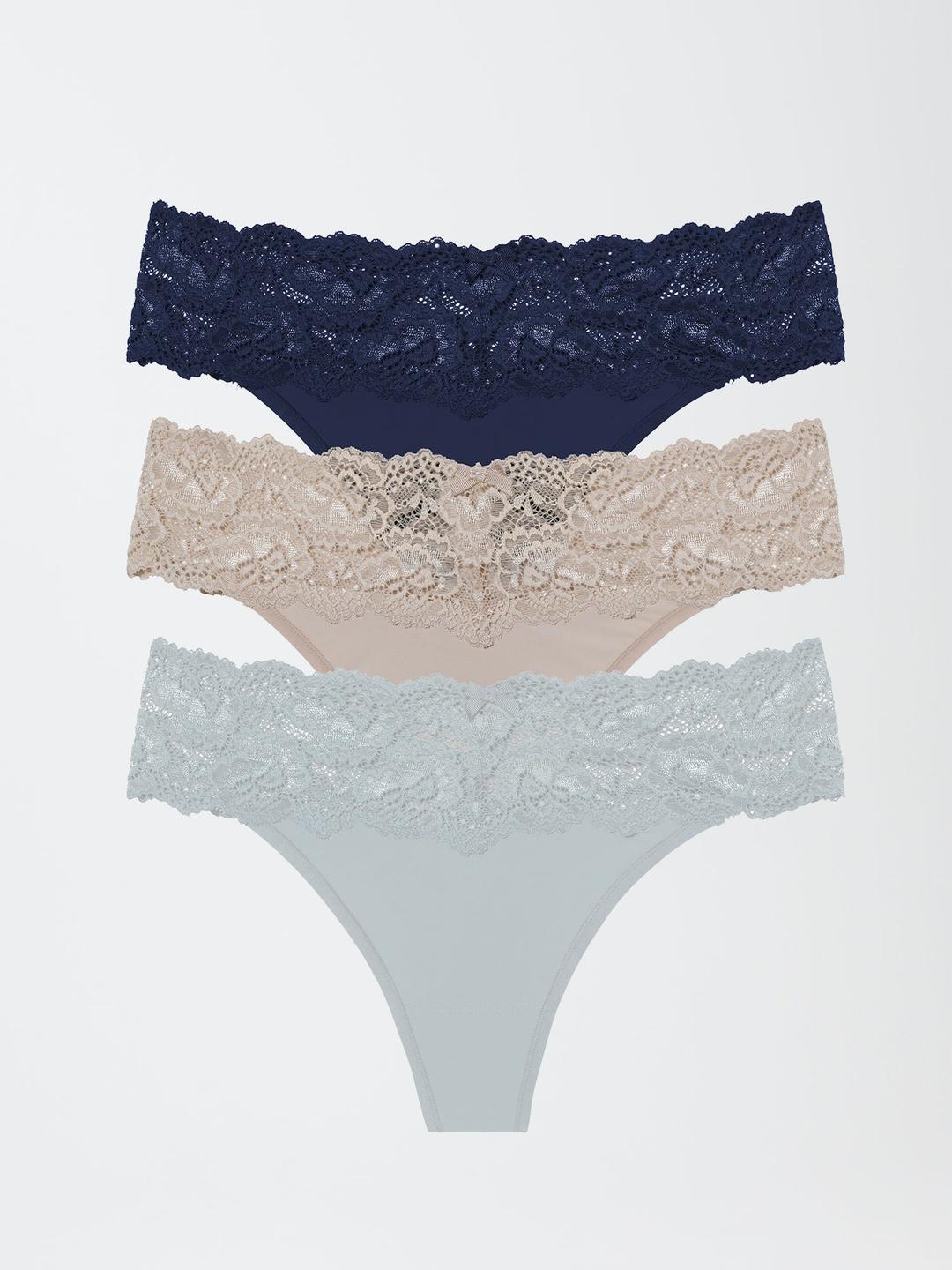 Goddess Lace Trim Thong 3-Pack - Midnight/Romance/Constellation / XS