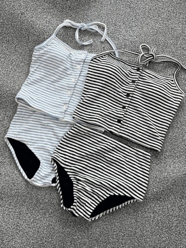 스트라이프 홀터넥 테리 버튼 하이웨스트 비키니