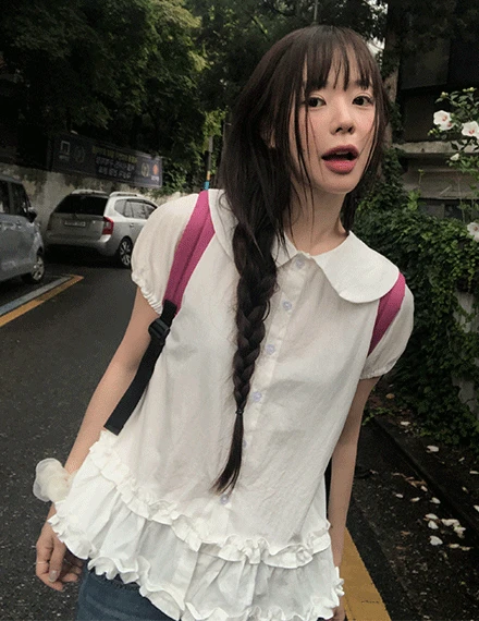 [러블리룩/여리여리] 키들 라운드 카라 퍼프 프릴 캉캉 셔츠 블라우스