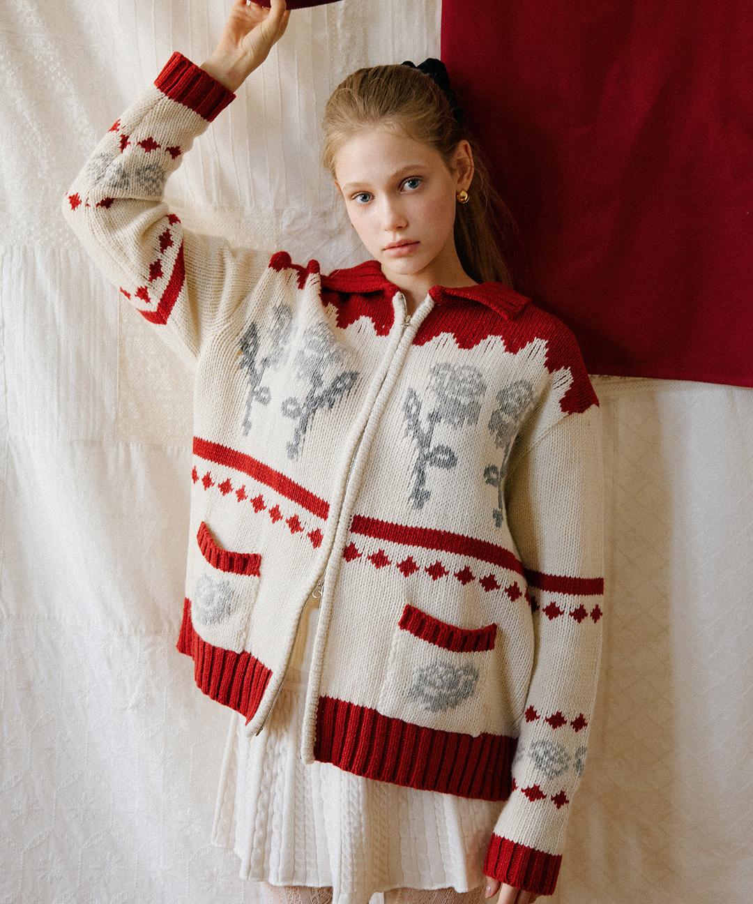 Rose Flower Jacquard Knit Wool Zip-up ( Red )