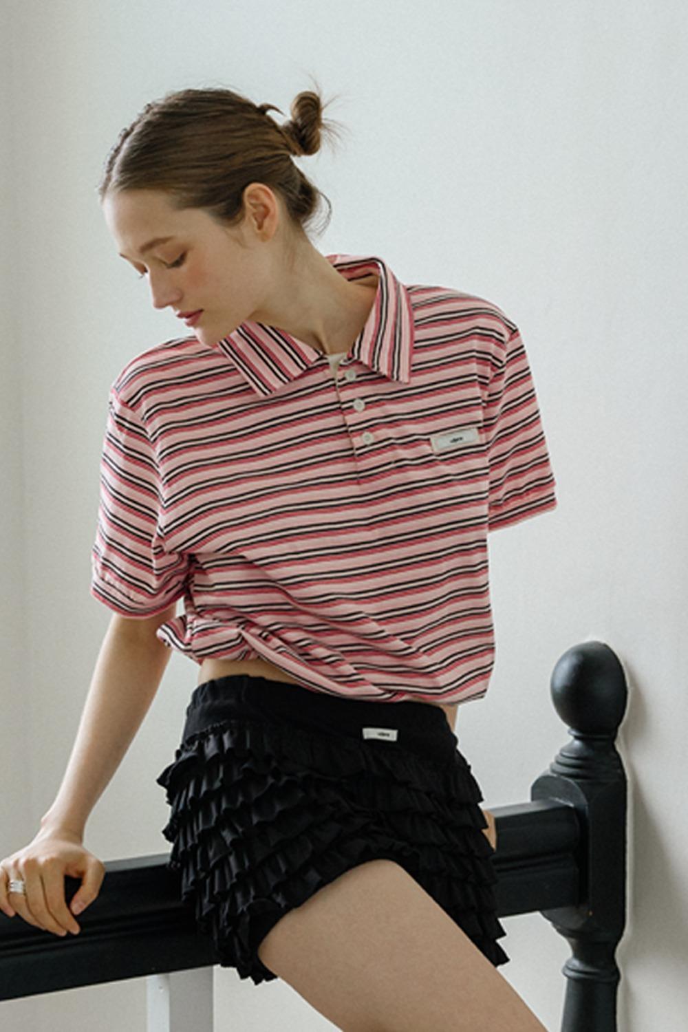 STRIPE STRING COLLAR HALF T-SHIRT_PINK