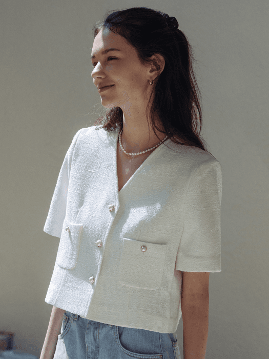 Collarless pearl button summer tweed jacket(White)